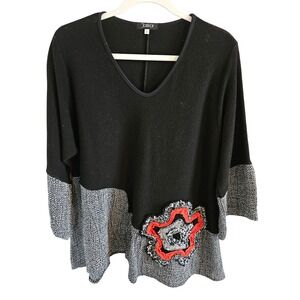 Jaskar Black White Colorblock Floral Applique V-Neck Knit Tunic Top Large